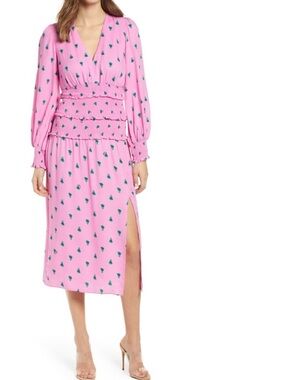 afrm Hazel Print Smocked Pink Midi Dress Size S